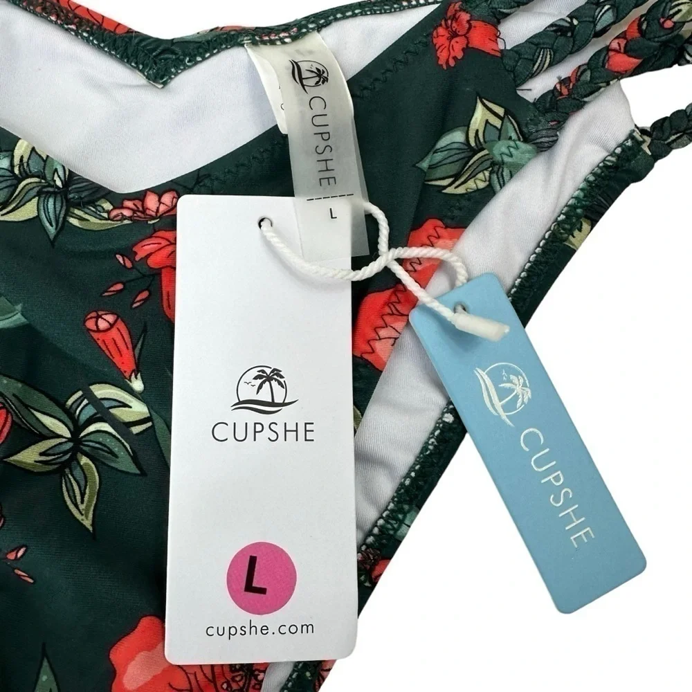 Cupshe Green Floral Bikini Swim Bottoms, Large